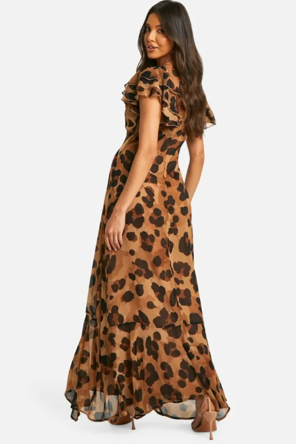 boohoo Leopard Crinkle Chiffon Angel Sleeve Maxi Dress | Women Shirts | Foundation