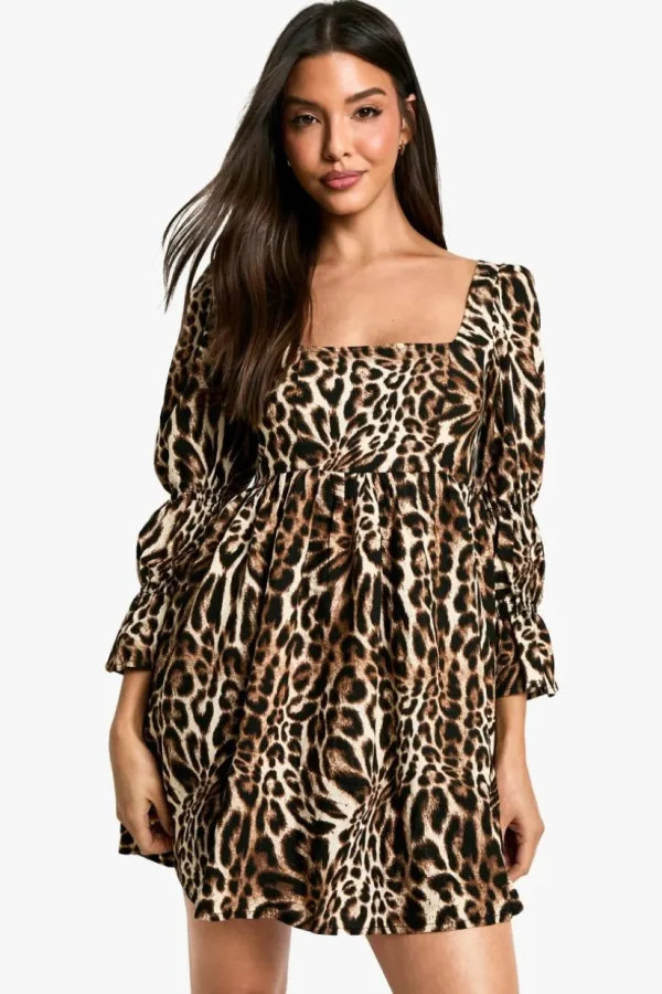 boohoo Leopard Gathered Puff Sleeve Smock Dress | Women Shirts | Foundation