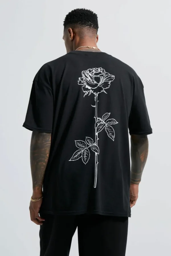 boohooMAN Line Drawn Rose Stem Print T-shirt | Going Out Tops | Going Out