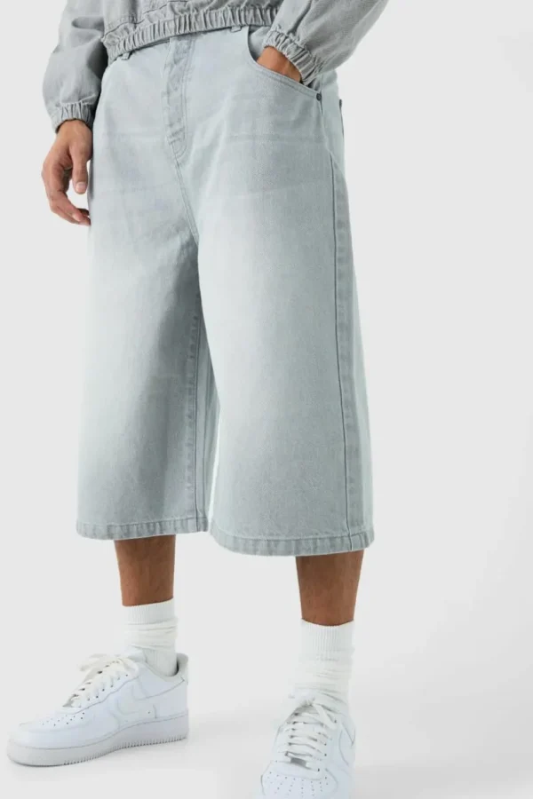 boohooMAN Long Line Denim Jorts In Grey Wash | Shorts