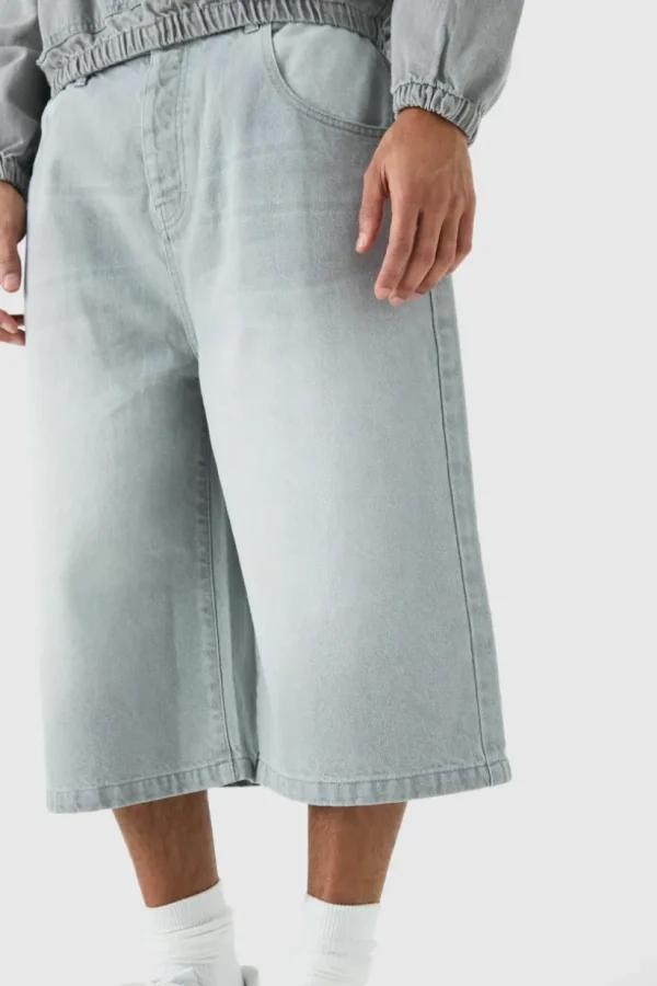 boohooMAN Long Line Denim Jorts In Grey Wash | Shorts