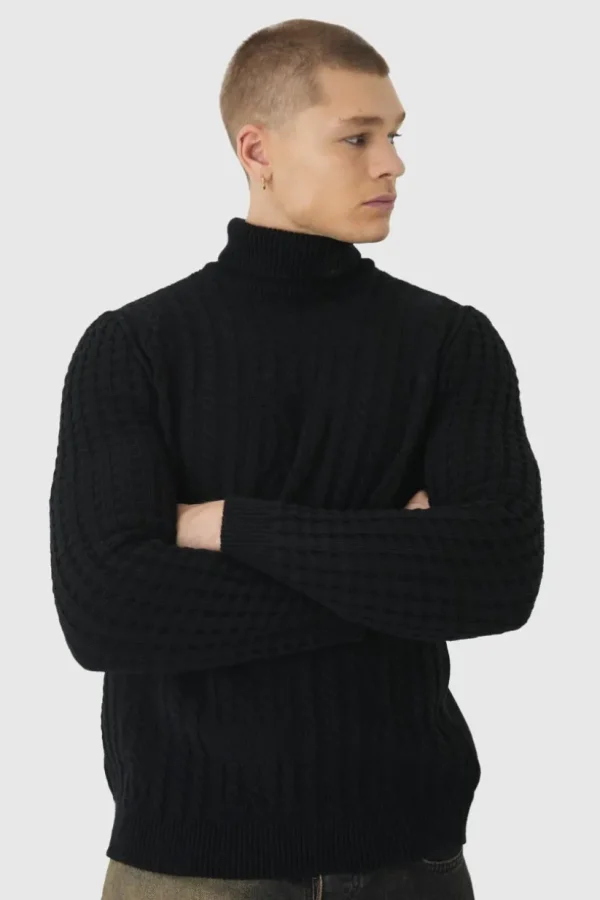 boohooMAN Long Sleeve Cable Knit Roll Neck Jumper In | Knitwear | Going Out Knitwear