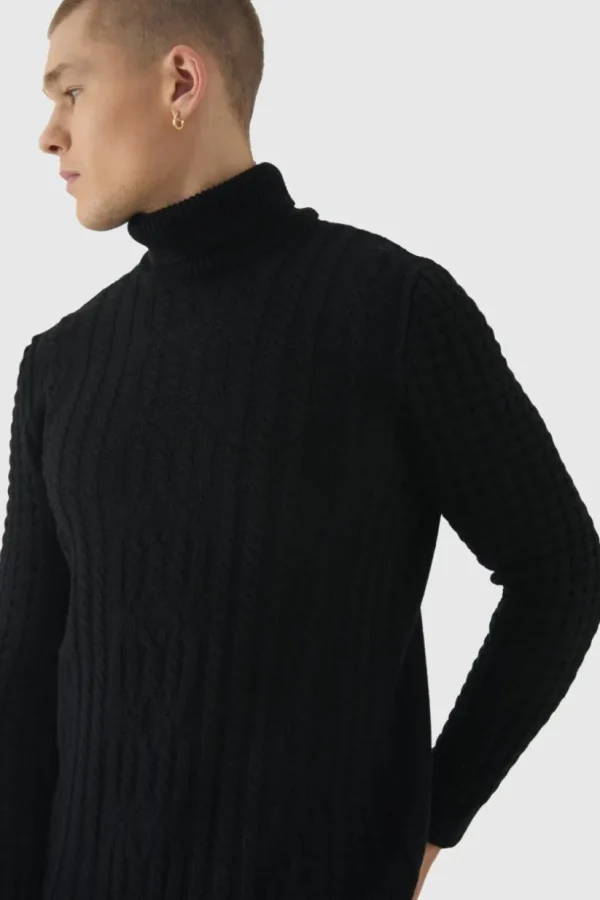 boohooMAN Long Sleeve Cable Knit Roll Neck Jumper In | Knitwear | Going Out Knitwear