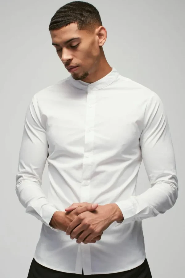 boohooMAN Long Sleeve Grandad Collar Stretch Fit Shirt | Going Out | Shirts