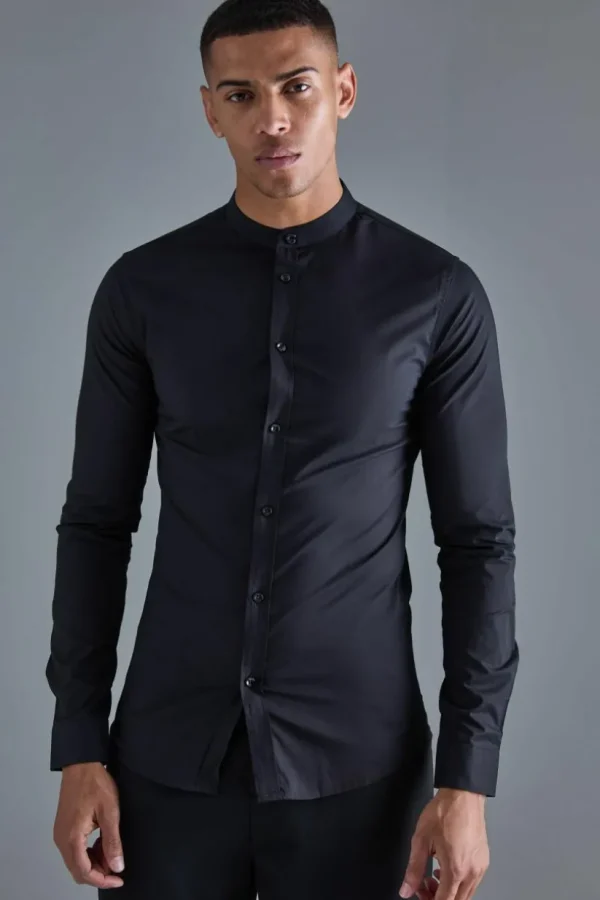 boohooMAN Long Sleeve Grandad Collar Stretch Shirt | Going Out Tops | Going Out