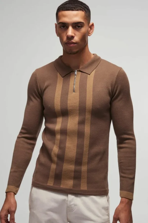 boohooMAN Long Sleeve Muscle Fit Stripe Knit Polo | Going Out Polo Shirts