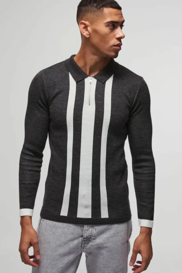 boohooMAN Long Sleeve Muscle Fit Stripe Knit Polo | Going Out Polo Shirts