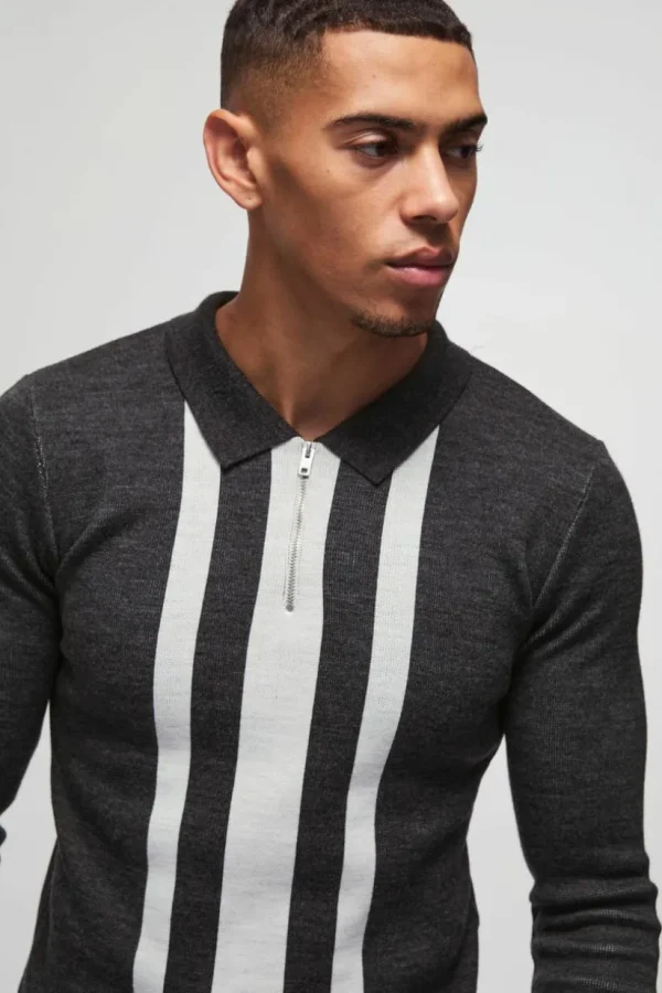 boohooMAN Long Sleeve Muscle Fit Stripe Knit Polo | Going Out Polo Shirts