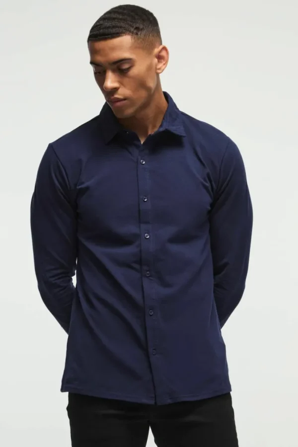 boohooMAN Long Sleeve Slim Fit Jersey Shirt | Shirts | Going Out Shirts