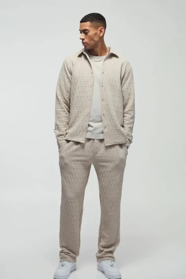 boohooMAN Long Sleeve Textured Stretch Shirt And Trousers Set | Sets & Coords