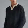 boohooMAN Long Sleeved Oversized Contrast Collar Knitted Polo | Going Out Polo Shirts | Going Out Tops