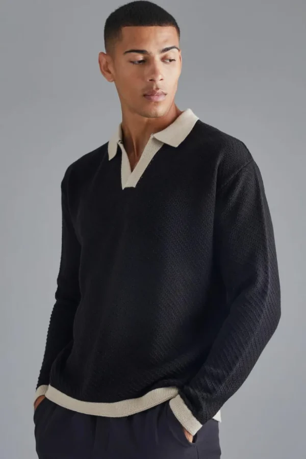 boohooMAN Long Sleeved Oversized Contrast Collar Knitted Polo | Going Out Polo Shirts | Going Out Tops