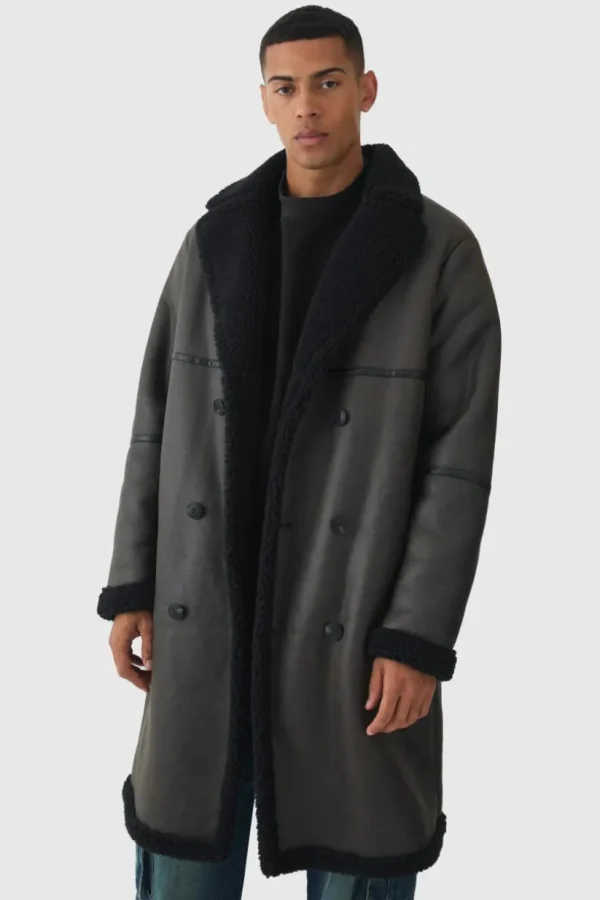 boohooMAN Longline Double Breasted Borg Overcoat In | Man | Coats & Jackets