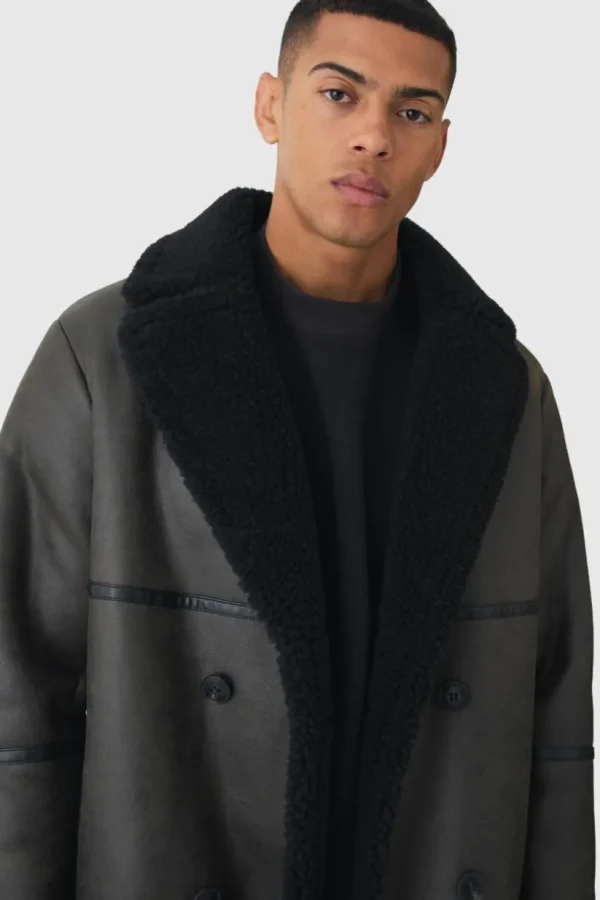 boohooMAN Longline Double Breasted Borg Overcoat In | Man | Coats & Jackets
