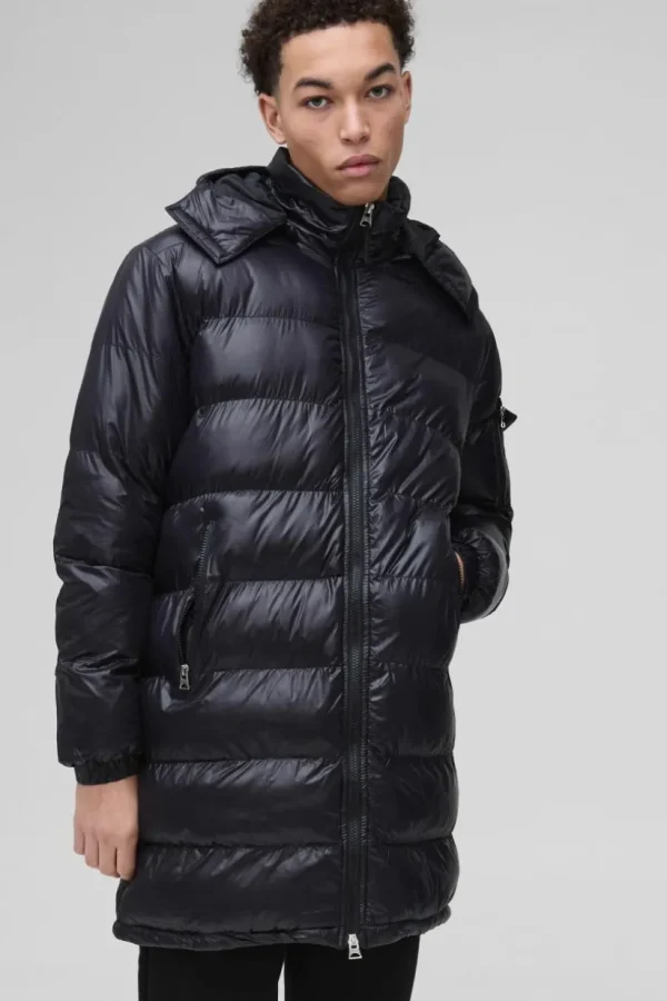 boohooMAN Longline High Shine Hooded Puffer Jacket in | Man | Coats & Jackets