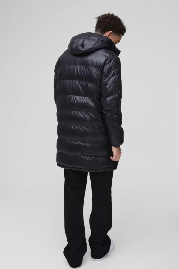 boohooMAN Longline High Shine Hooded Puffer Jacket in | Man | Coats & Jackets