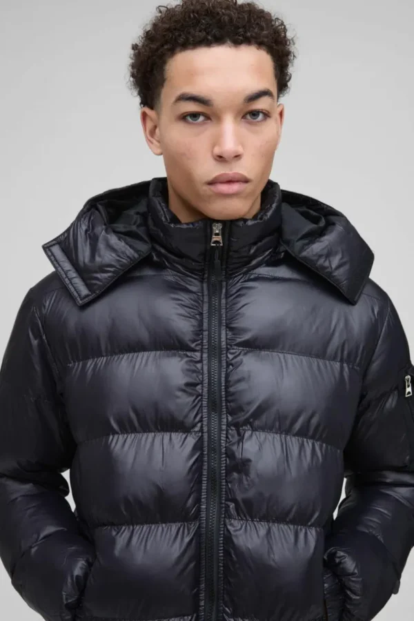 boohooMAN Longline High Shine Hooded Puffer Jacket in | Man | Coats & Jackets