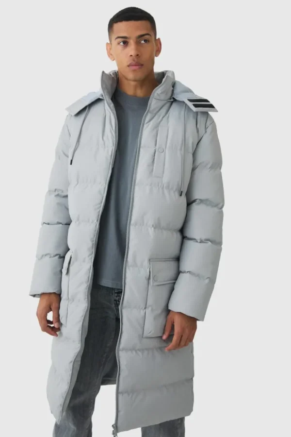 boohooMAN Longline Hooded Puffer Coat In Grey | Man | Coats & Jackets