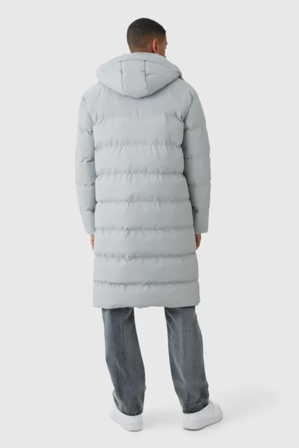 boohooMAN Longline Hooded Puffer Coat In Grey | Man | Coats & Jackets