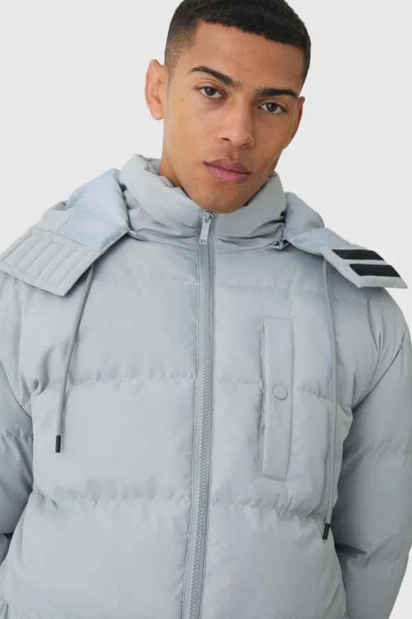 boohooMAN Longline Hooded Puffer Coat In Grey | Man | Coats & Jackets