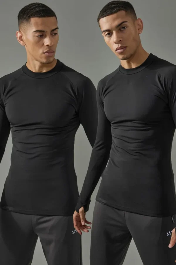 boohooMAN Man Active 2 Pack Long Sleeved High Neck Base Layer | Gym T-Shirts & Vests | Gym Clothes