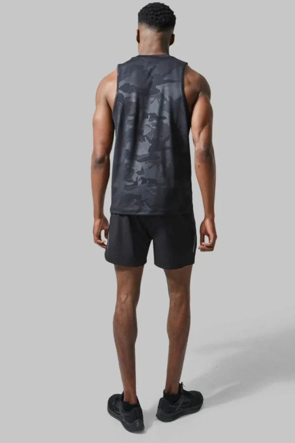 boohooMAN Man Active Camo Racer Performance Regular Fit Tank | Gym T-Shirts & Vests