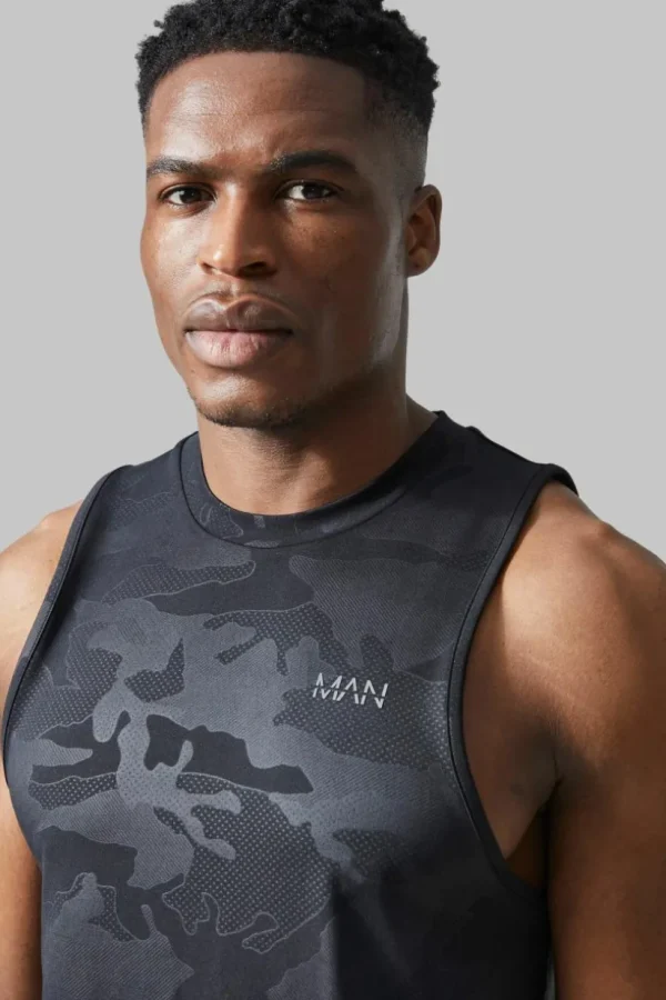 boohooMAN Man Active Camo Racer Performance Regular Fit Tank | Gym T-Shirts & Vests