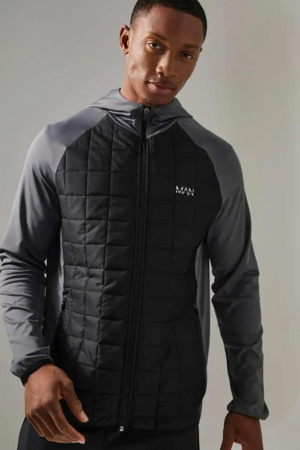 boohooMAN Man Active Check Quilted Zip Through Hoodie | Gym Jackets | Gym Clothes