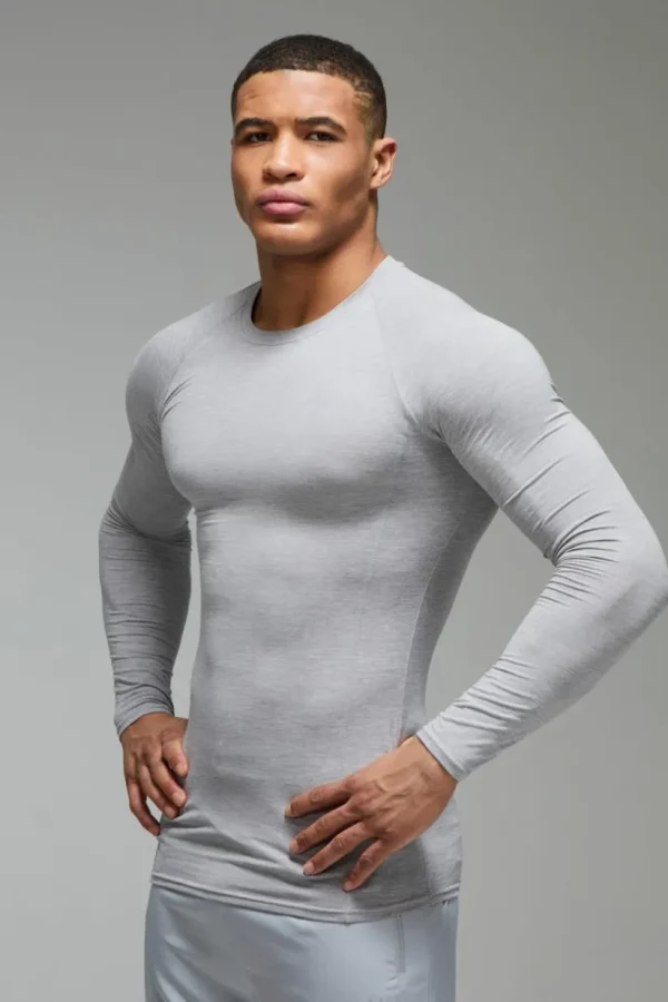 boohooMAN Man Active Fleece Lined Marl Baselayer Long Sleeve T-shirt | Gym T-Shirts & Vests | Gym Clothes