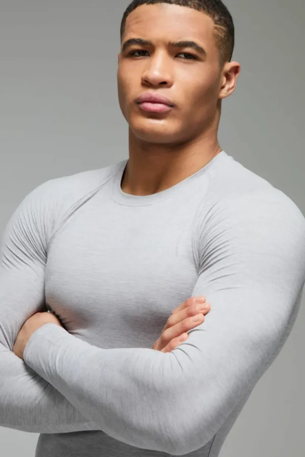 boohooMAN Man Active Fleece Lined Marl Baselayer Long Sleeve T-shirt | Gym T-Shirts & Vests | Gym Clothes