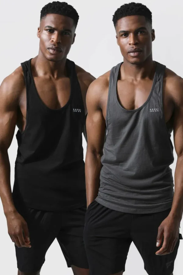 boohooMAN Man Active Gym 2 Pack Gym Regular Fit Racer Vests | Gym Essentials | Gym Clothes