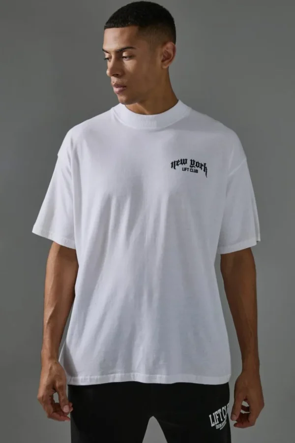 boohooMAN Man Active New York Lift Club Oversized Extended Neck T-Shirt | Gym T-Shirts & Vests