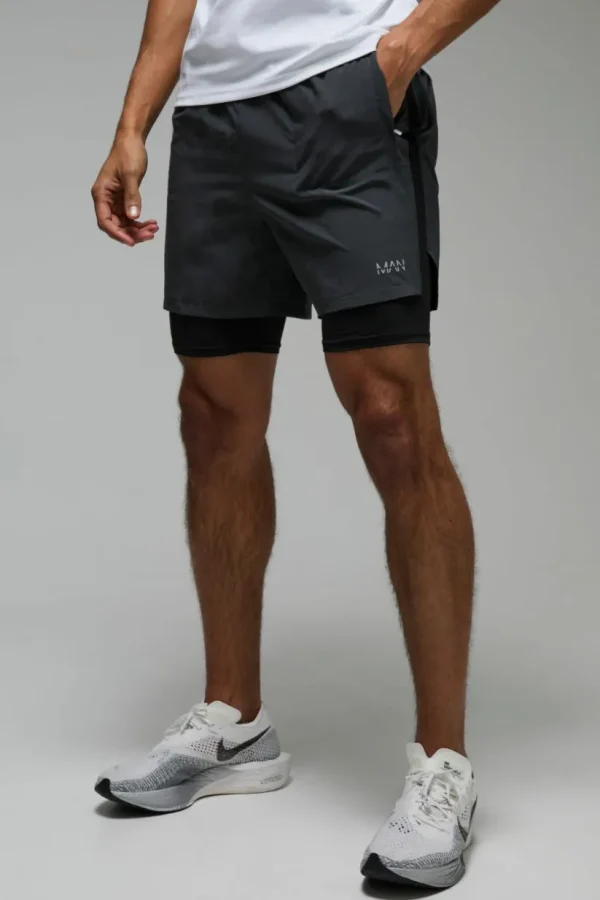 boohooMAN Man Active Stretch 2 in 1 5inch Grid Short | Gym Shorts | Gym Clothes