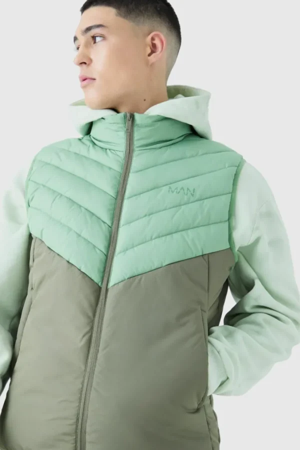 boohooMAN Man Colour Block Quilted Funnel Neck Gilet | Coats & Jackets | Man