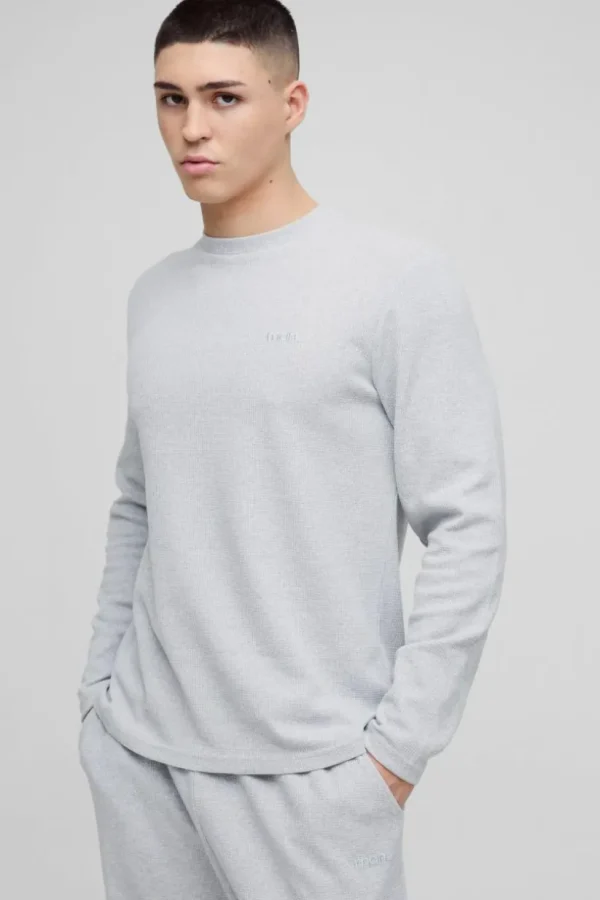 boohooMAN Man Embroidered Long Sleeve Waffle T-Shirt | Man