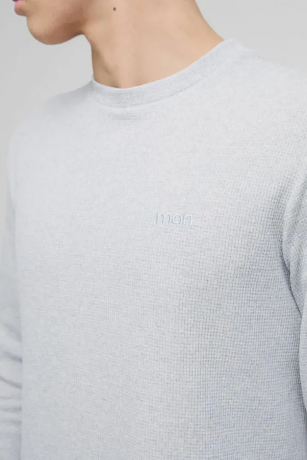 boohooMAN Man Embroidered Long Sleeve Waffle T-Shirt | Man