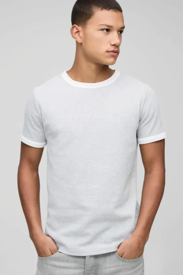 boohooMAN Man Embroidered Waffle Ringer T-Shirt | T-Shirts