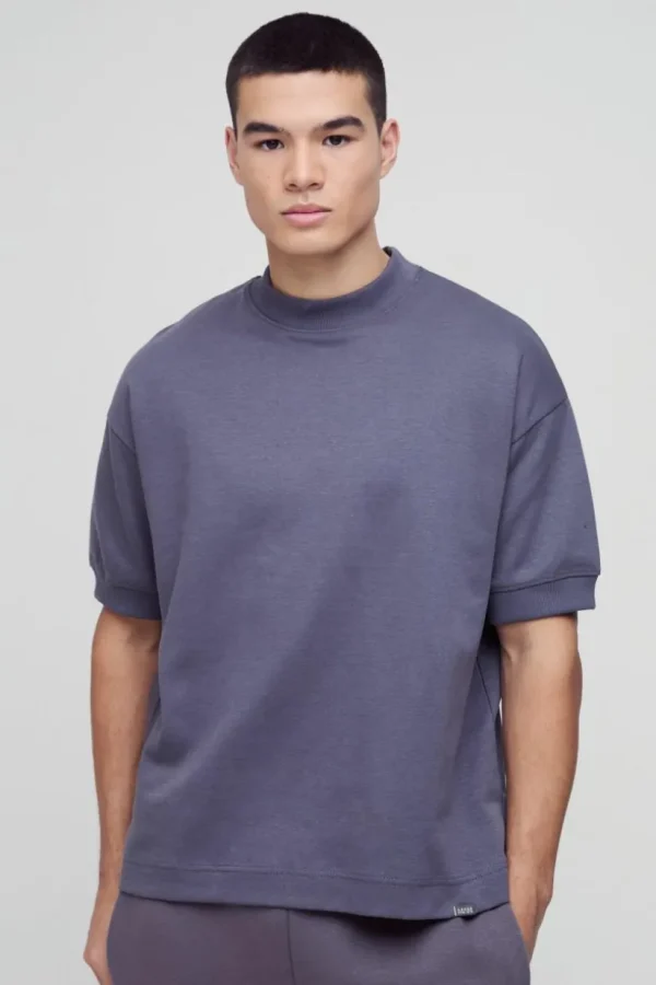 boohooMAN Man Oversized Extended Neck Heavy Interlock Ribbed Cuff T-shirt | Basics - Elevated