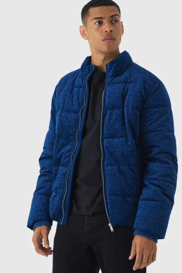 boohooMAN Man Printed Velour Funnel Neck Puffer In | Man | Coats & Jackets