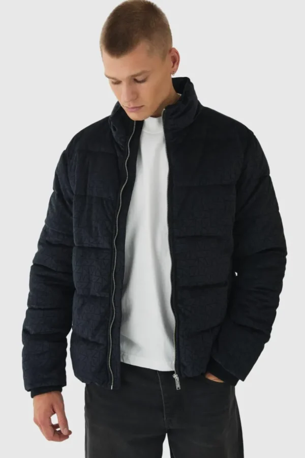 boohooMAN Man Printed Velour Funnel Neck Puffer In | Man | Coats & Jackets