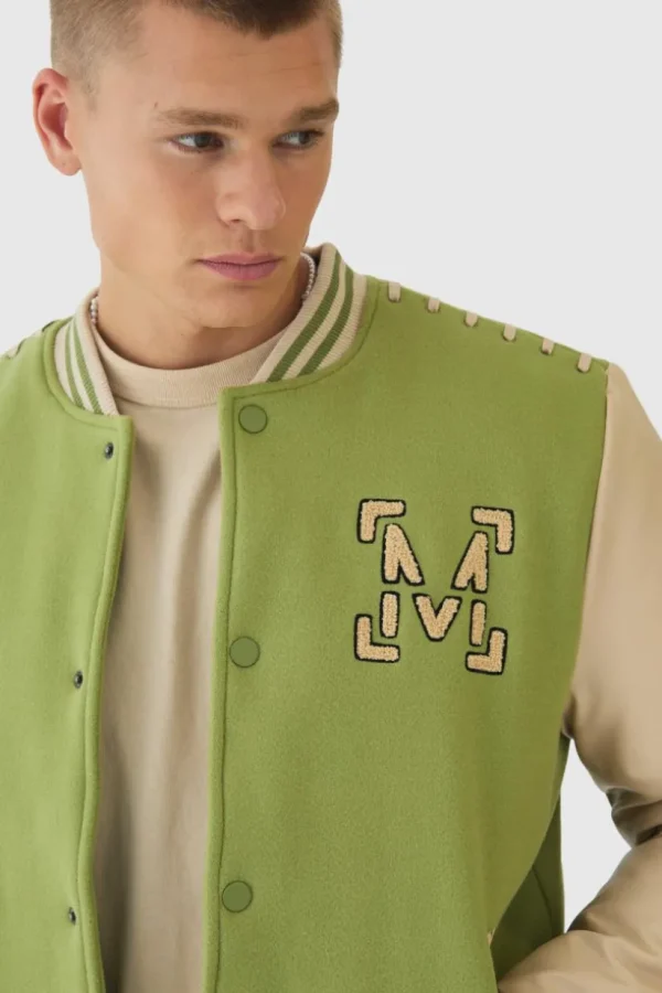 boohooMAN Man Pu Thread Detail Varsity Jacket In | Man | Coats & Jackets