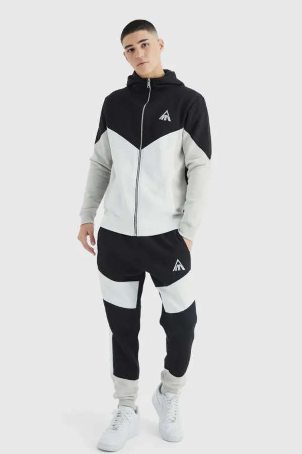 boohooMAN Man Slim Funnel Hooded Colour Block Tracksuit | Tracksuits