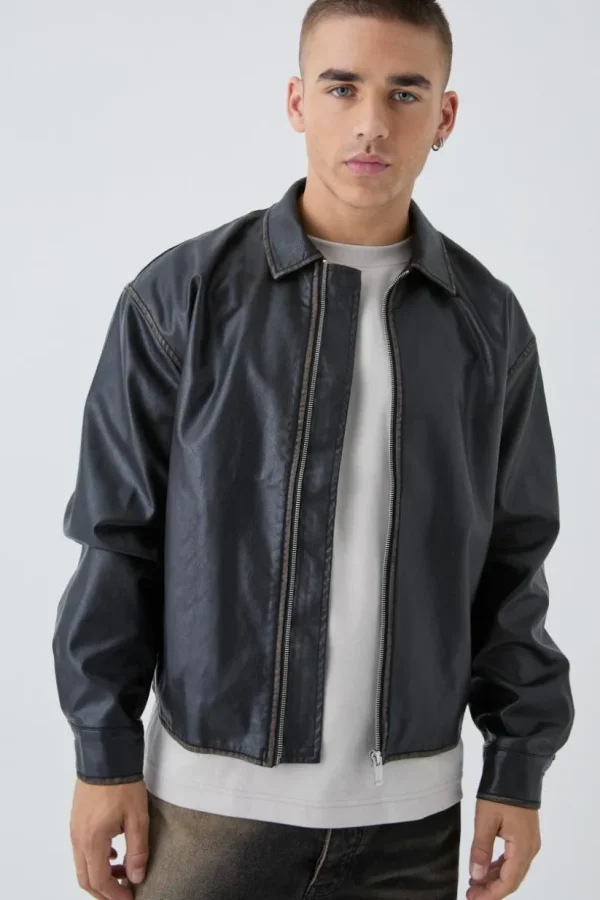 boohooMAN Man Tab Boxy Washed Pu Harrington Jacket In | Going Out Jackets | Going Out