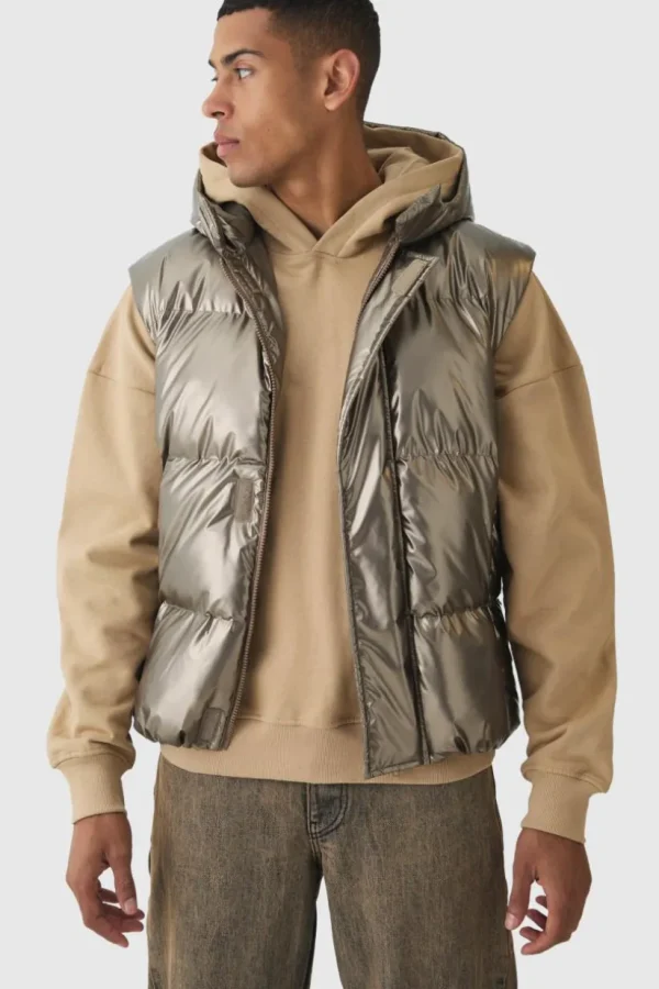 boohooMAN Metallic Hooded Puffer Gilet In | Man | Coats & Jackets