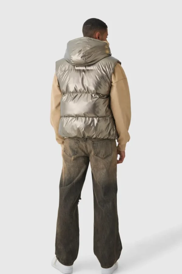 boohooMAN Metallic Hooded Puffer Gilet In | Man | Coats & Jackets