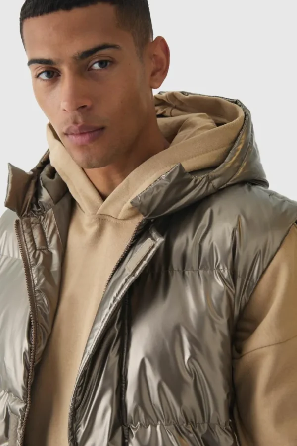 boohooMAN Metallic Hooded Puffer Gilet In | Man | Coats & Jackets