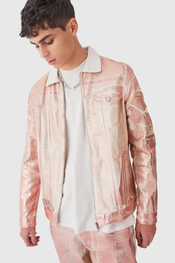 boohooMAN Metallic Print Regular Fit Denim Jacket | Denim | Going Out Denim