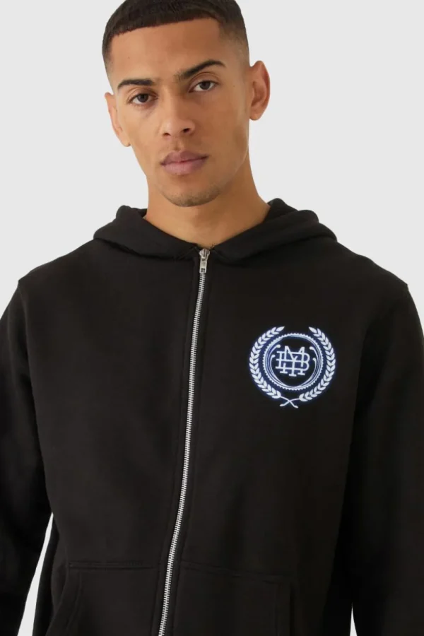 boohooMAN MMXIII Crest Graphic Zip Through Hoodie | Hoodies & Sweats