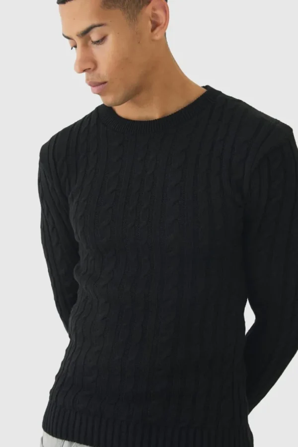 boohooMAN Muscle Fit Cable Knit Jumper | Knitwear | Going Out Knitwear