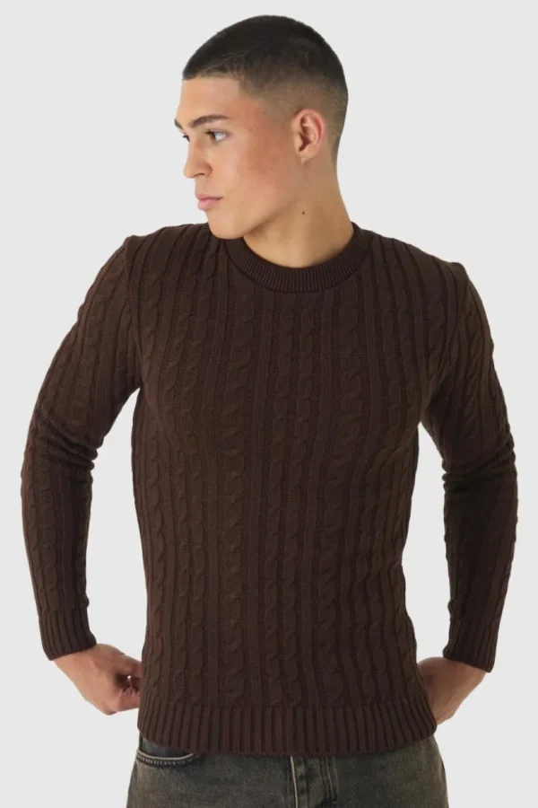 boohooMAN Muscle Fit Cable Knit Jumper | Knitwear | Going Out Knitwear